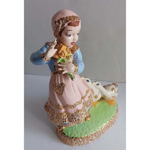 Vintage Ceramic Holland Mold Dutch Girl Geese Bouquet Glazed Gold Gilt - Picture 11 of 16